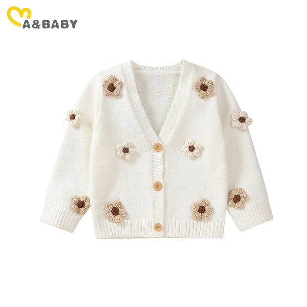 Hand Knit Flower Stitched Baby Girl Button Down Cardigan Sweater BABY VIBES & CO.