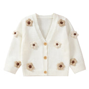 Hand Knit Flower Stitched Baby Girl Button Down Cardigan Sweater BABY VIBES & CO.