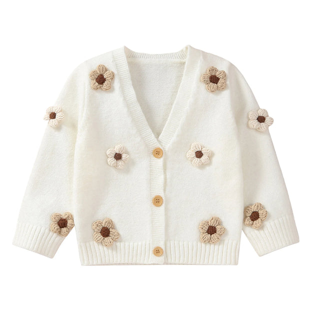 Hand Knit Flower Stitched Baby Girl Button Down Cardigan Sweater BABY VIBES & CO.