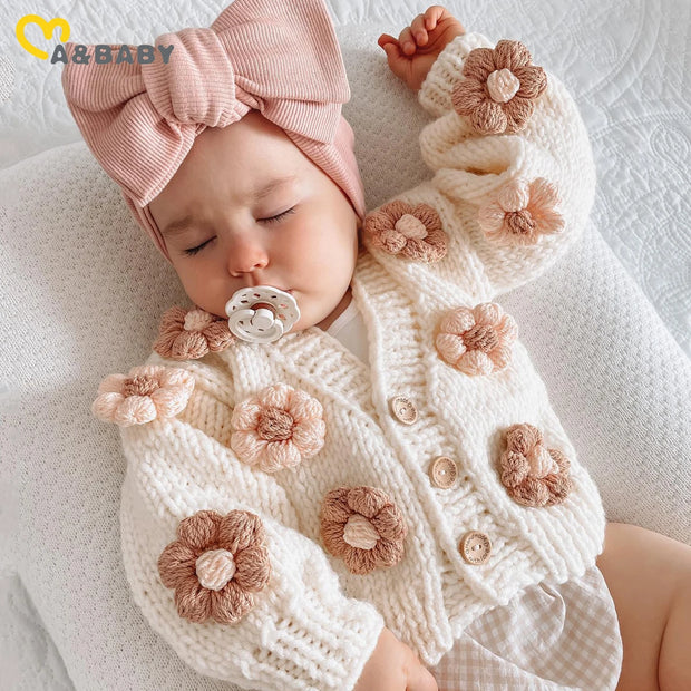 Hand Knit Flower Stitched Baby Girl Button Down Cardigan Sweater BABY VIBES & CO.