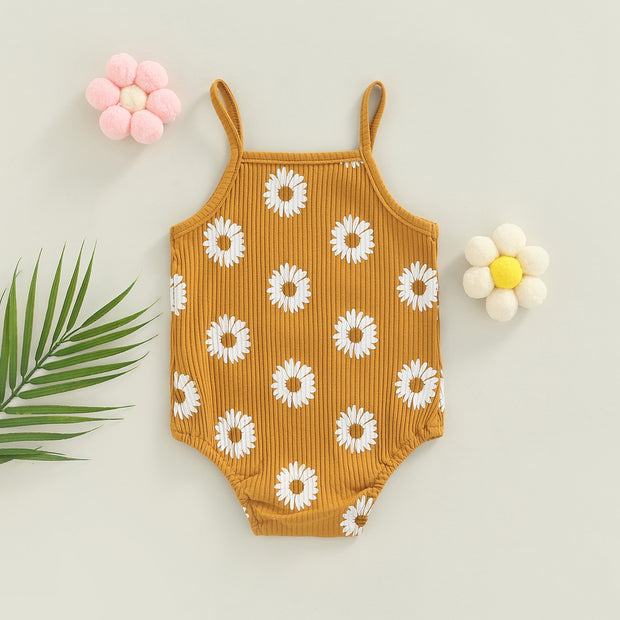 Baby Girls Spaghetti Strap Daisy Print Ribbed Bodysuit Baby Vibes & Co.