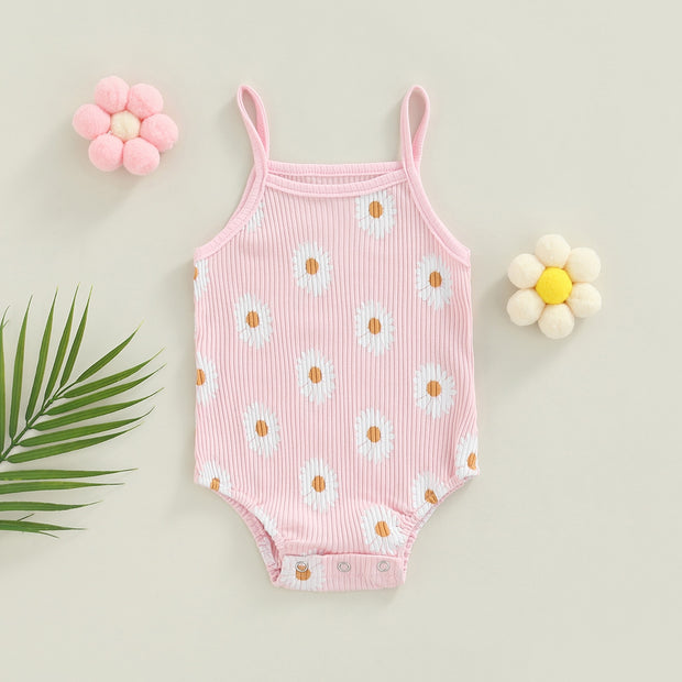 Baby Girls Spaghetti Strap Daisy Print Ribbed Bodysuit Baby Vibes & Co.