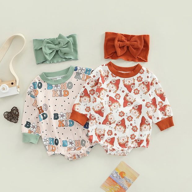 FOCUSNORM 2pcs Infant Baby Girls Boys Cute Romper Hairband 0-18M Flowers/Letter Printed Long Sleeve Sweatshirt Jumpsuit BABY VIBES & CO.