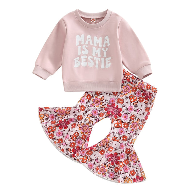 Mama Is My Bestie Long Sleeve Crewneck + Floral Bell Bottom Set Baby Vibes & Co.