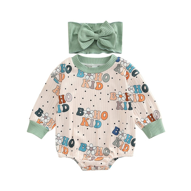 FOCUSNORM 2pcs Infant Baby Girls Boys Cute Romper Hairband 0-18M Flowers/Letter Printed Long Sleeve Sweatshirt Jumpsuit BABY VIBES & CO.