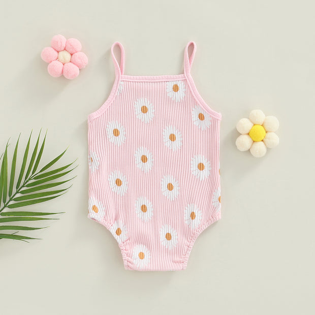 Baby Girls Spaghetti Strap Daisy Print Ribbed Bodysuit Baby Vibes & Co.