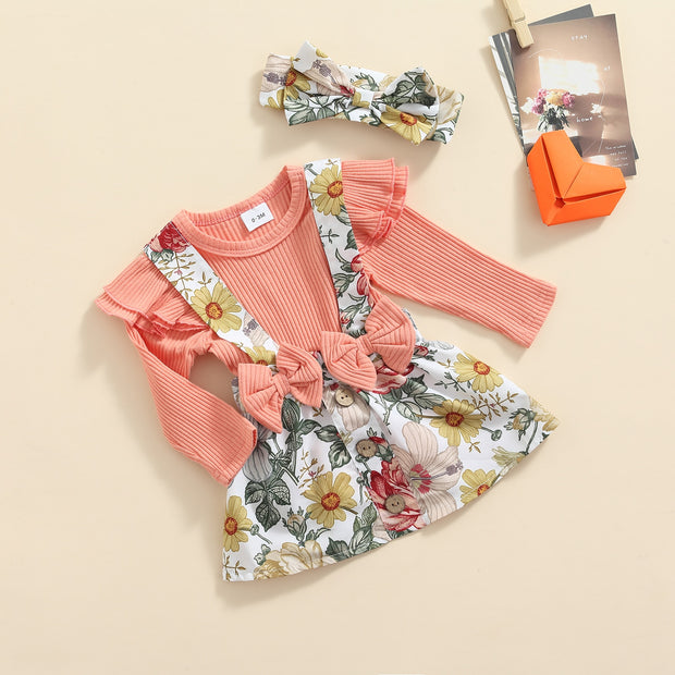 FLORAL & RUFFLED BOWY JUMPER + SUSPENDERS + HEADBAND SET BABY VIBES & CO.