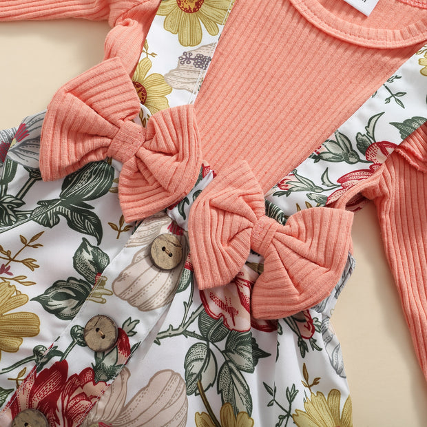 FLORAL & RUFFLED BOWY JUMPER + SUSPENDERS + HEADBAND SET BABY VIBES & CO.