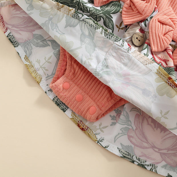 FLORAL & RUFFLED BOWY JUMPER + SUSPENDERS + HEADBAND SET BABY VIBES & CO.