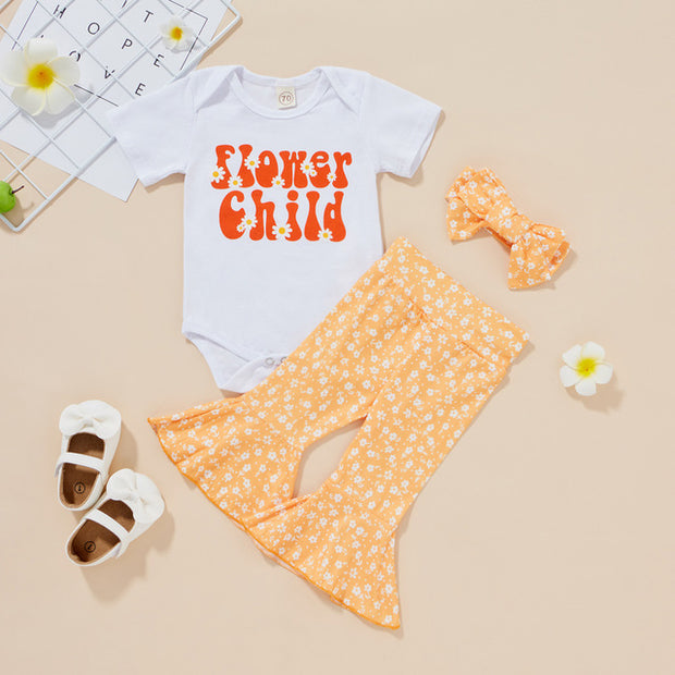 Three Piece Baby Girl Clothes Short Sleeve Bodysuit + Floral Print Flare Pants & Headwear 3PC Outfit BABY VIBES & CO.